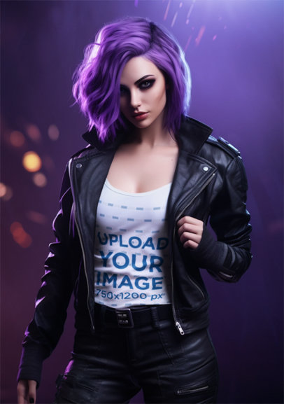 Fade-Inspired T-Shirt Mockup of an AI-Generated Woman with Purple Hair m36626