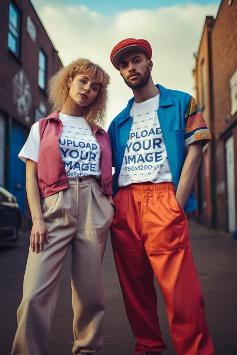 Round-Neck T-Shirt Mockup Featuring an AI-Generated Couple in a 90s Style