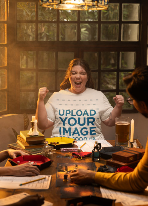 Bella Canvas T-Shirt Mockup of an Excited Woman Playing RPG Games