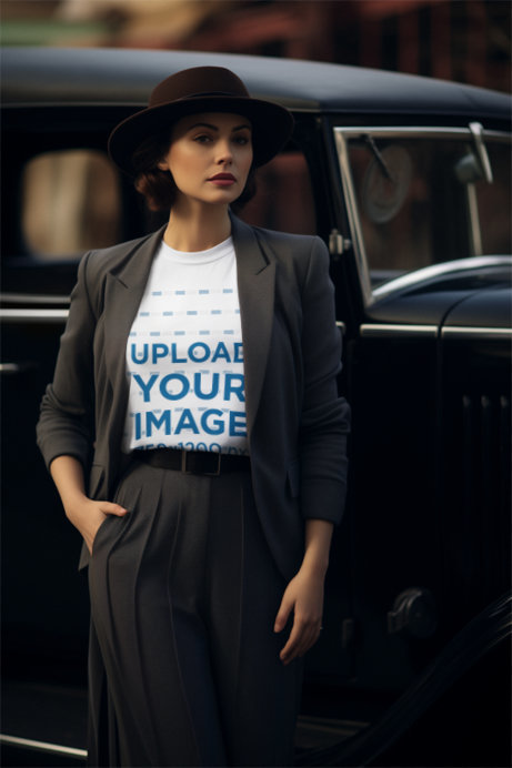 T-Shirt Mockup of an AI-Generated Classy Woman in a Suit Inspired by the 30s