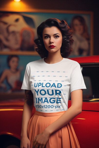 Round-Neck Tee Mockup of a Woman Generated by AI Wearing a Retro Outfit