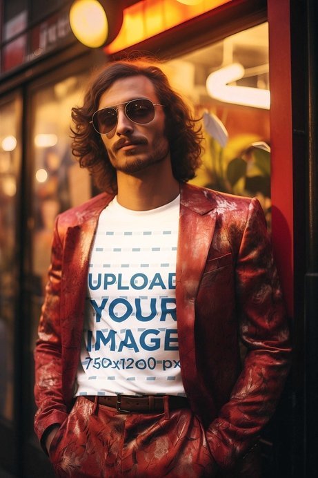 T-Shirt Mockup Featuring a Long-Haired Man with Sunglasses for a 70s-Inspired Look