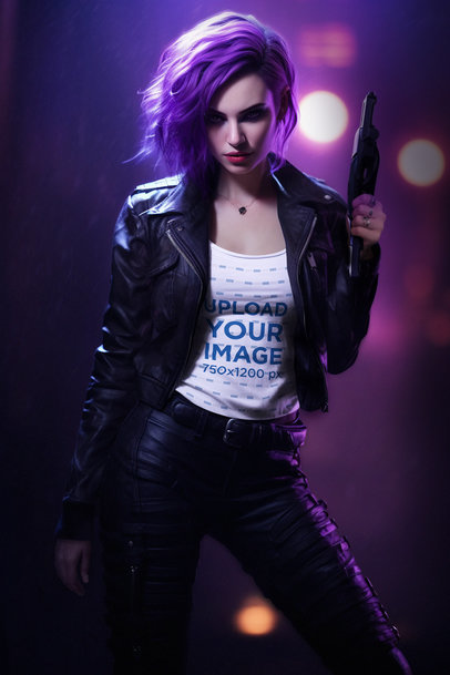 AI-Created T-Shirt Mockup of a Woman with Purple Hair Inspired by a Valorant's Character m36624