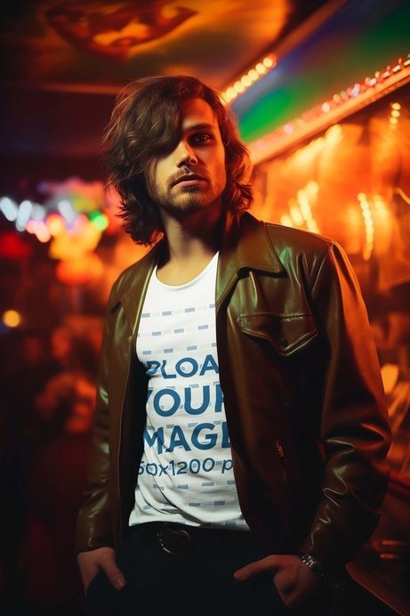 T-Shirt Mockup of a Long-Haired Man Wearing a 70s-Inspired Outfit