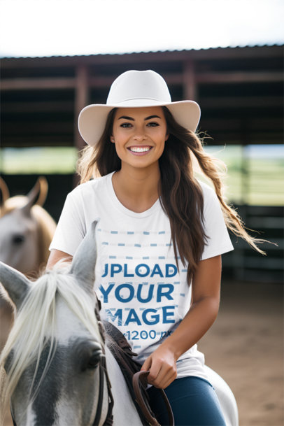 Western-Themed Mockup of an AI-Generated Happy Woman With a Tee Riding a Horse
