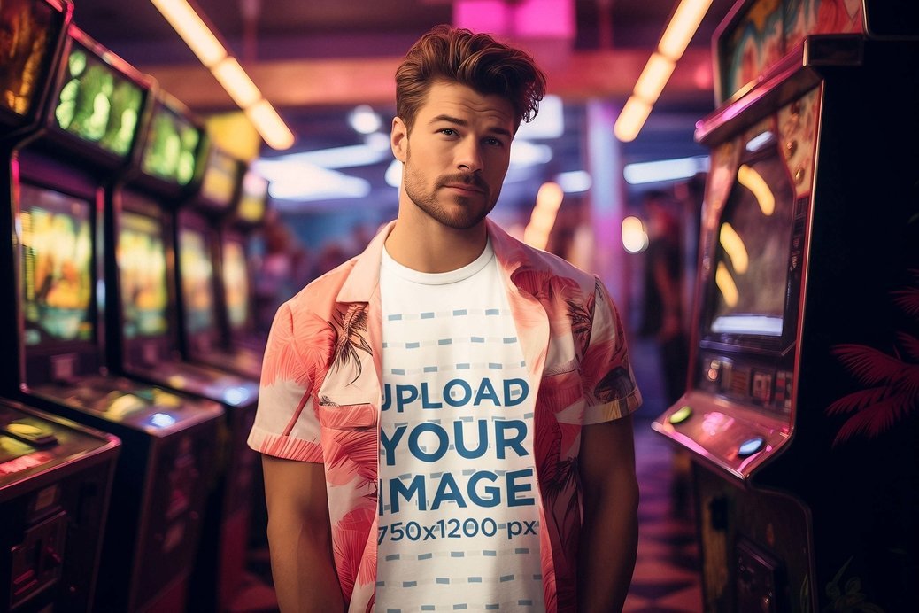 T-Shirt Mockup of an AI-Generated Man Inside a Retro Arcade Place