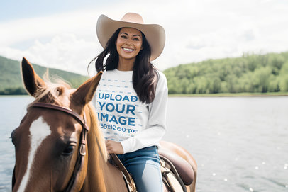 Western-Themed Sweatshirt Mockup of a Cowgirl Riding a Horse by a Lake