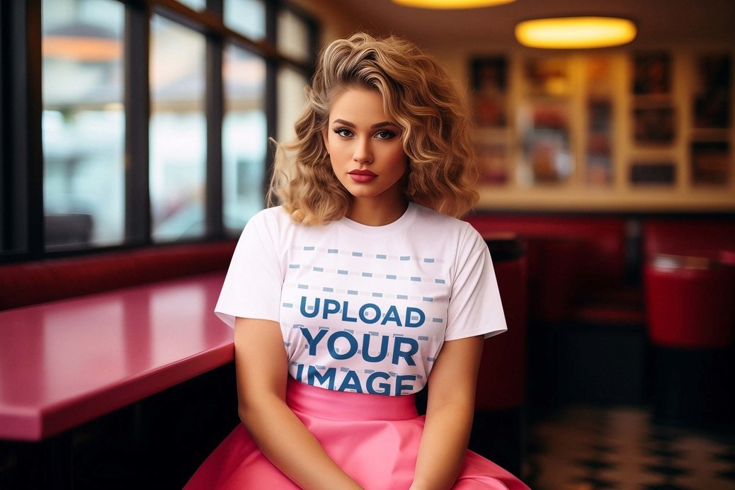 T-Shirt Mockup of an AI-Created Woman in an Outfit Inspired by the 80s Aesthetic
