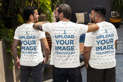 Back-View Bella Canvas T-Shirt Mockup of Three Happy Men in a Bachelor Party