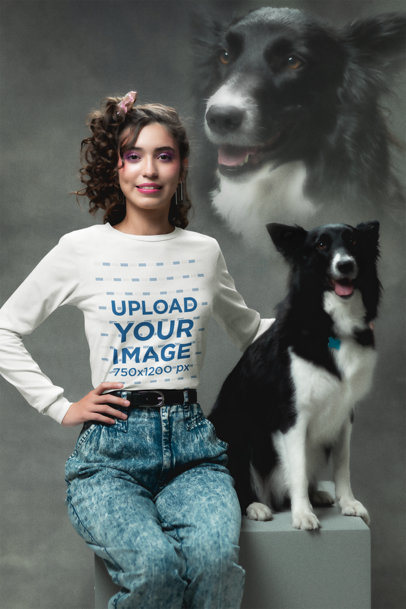 Long Sleeve Tee Mockup of a Woman in a Retro-Style Outfit Posing Next to Her Dog
