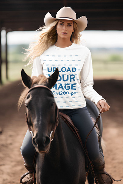 Long-Sleeve Tee Mockup Featuring an AI-Created Woman Riding a Horse