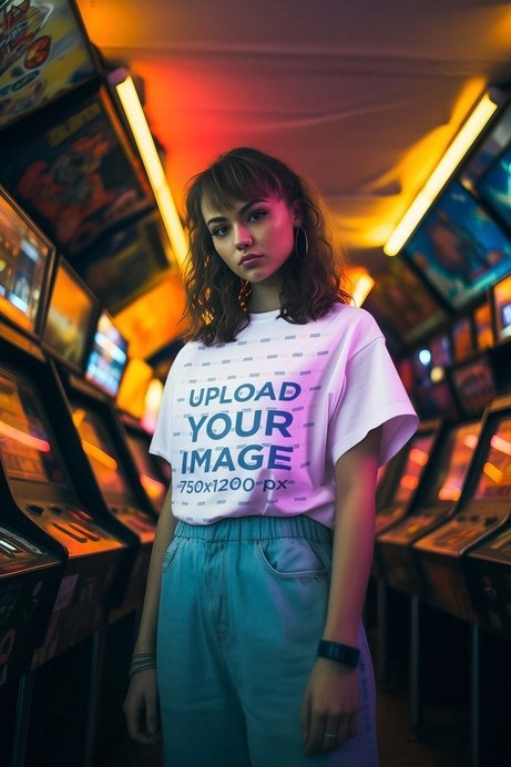 T-Shirt Mockup of an AI-Generated Woman With a Retro 80s Look