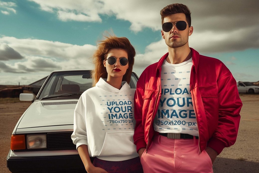 T-Shirt and Hoodie Mockup of a Man and a Woman with Outfits Inspired by the 80s