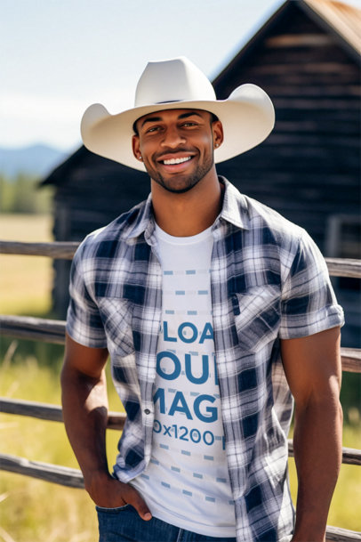 Western-Themed Tee Mockup of a Smiling Man with a Cowboy Hat and a Plaid Shirt