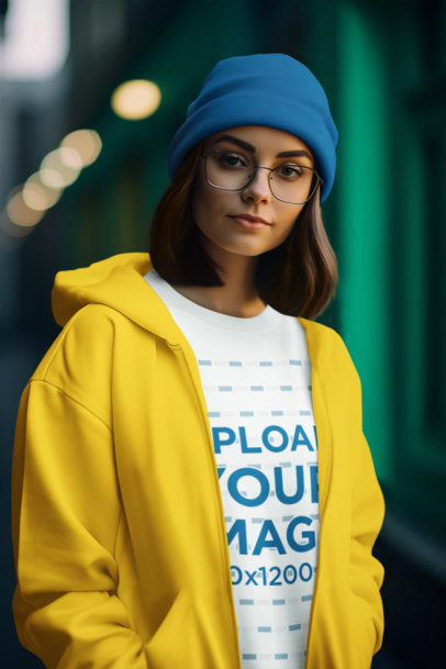 Sweatshirt Mockup Featuring a Woman with Glasses Inspired by Killjoy from Valorant m36641