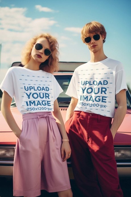 Round-Neck T-Shirt Mockup of an AI-Generated Man and Woman With an 80s Style
