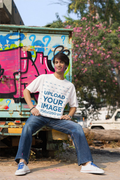 Holi Festival-Themed Mockup of a Man Wearing a Crewneck Blinkstore T-Shirt  m37215