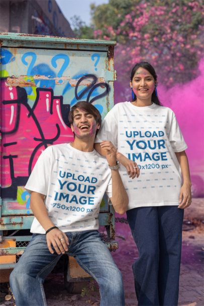Blinkstore T-Shirt Mockup Featuring a Cheerful Man Posing With a Woman for Holi Fest m37216