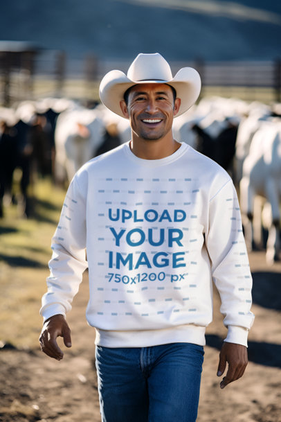 Western-Themed Sweatshirt Mockup of a Man Wearing a Cowboy Hat at a Ranch