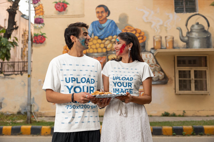 Blinkstore T-Shirt and Crop Top Mockup Featuring a Happy Couple in a Holi-Themed Celebration