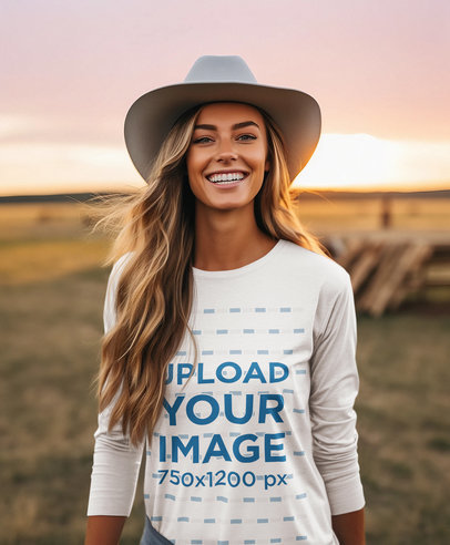 Western-Themed Long Sleeve Tee Mockup of a Woman Wearing a Cowboy Hat at a Ranch
