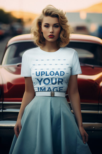 AI-Generated Mockup of a Woman in a 50s-Inspired Outfit Wearing a T-Shirt