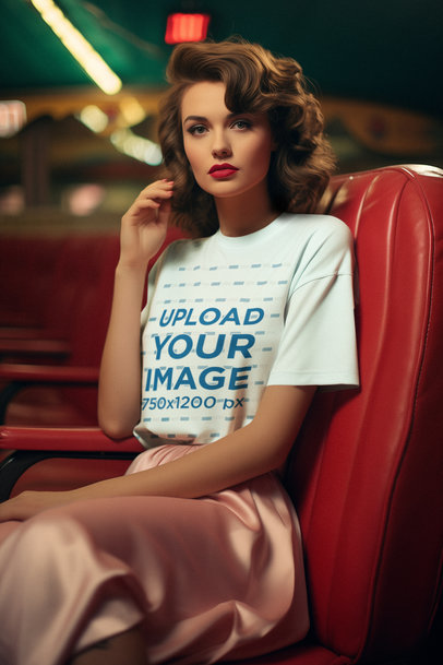 T-Shirt Mockup of an AI-Generated Woman in a 50s-Inspired Setting 