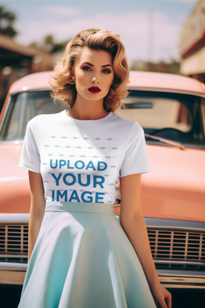 50s-Inspired Mockup Featuring a Woman with a Retro Hairstyle Wearing a T-Shirt