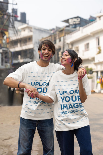 Blinkstore T-Shirt Mockup of a Smiling Man and Woman Celebrating Holi