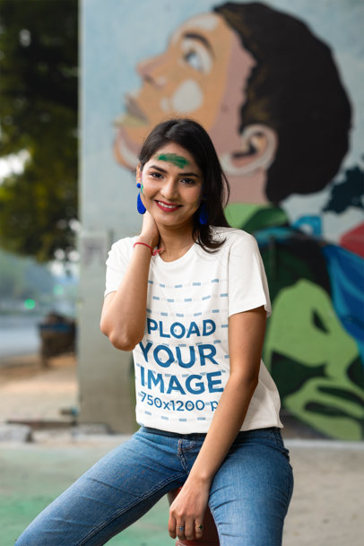 Holi Festival-Themed Mockup of a Woman with Color Powders on Her Face Wearing a Tee m37268