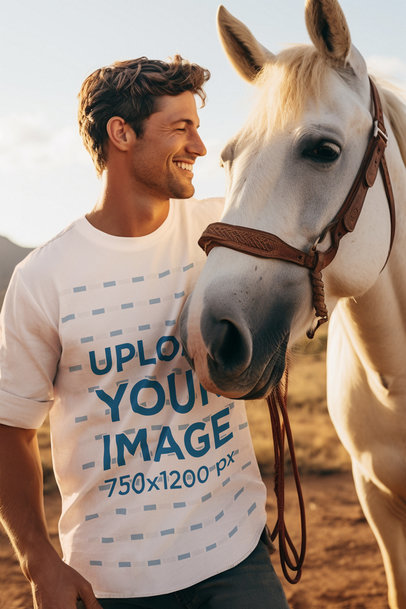 Western-Themed Mockup of a Smiling Man Wearing a Long Sleeve Tee Next to His Horse