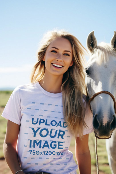Western-Aesthetic T-Shirt Mockup of a Woman Posing Next to a Horse