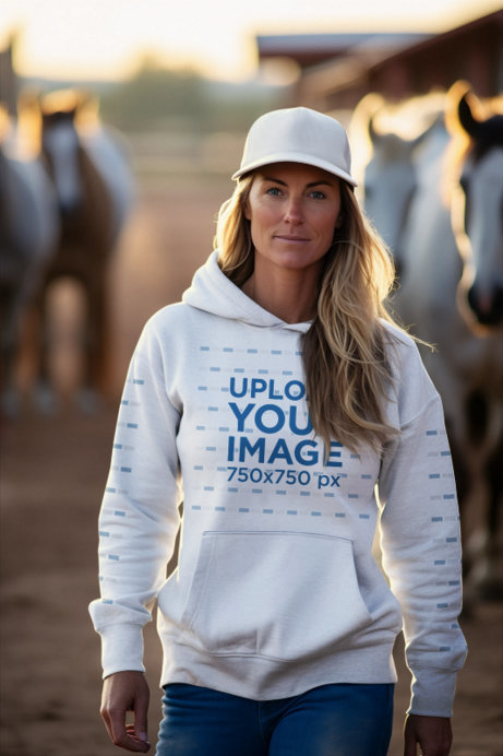 Pullover Hoodie Mockup of a Serious AI-Generated Woman Walking in a Horse Stable
