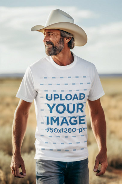 Western-Themed Mockup of an AI-Generated Smiling Man Wearing a Round-Neck Tee