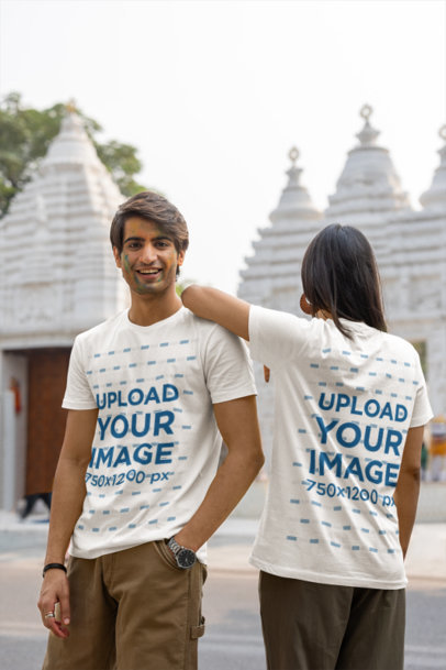 Scott International T-Shirt Mockup of a Man and Woman in a Holi Fest Celebration