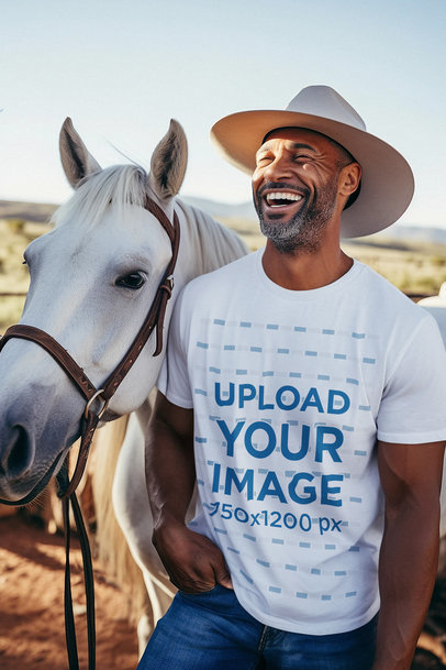 Western-Themed T-Shirt Mockup Featuring a Happy Cowboy with a Horse