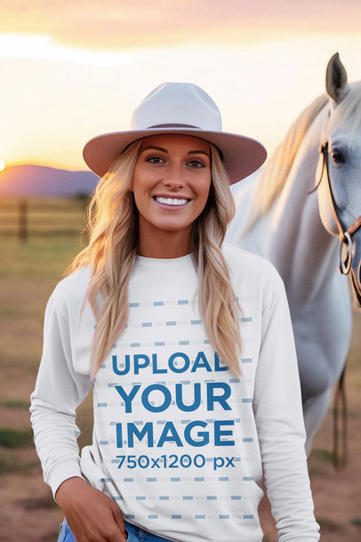 Western-Aesthetic Mockup of a Happy Cowgirl Wearing a Long Sleeve Tee Next to Her Horse