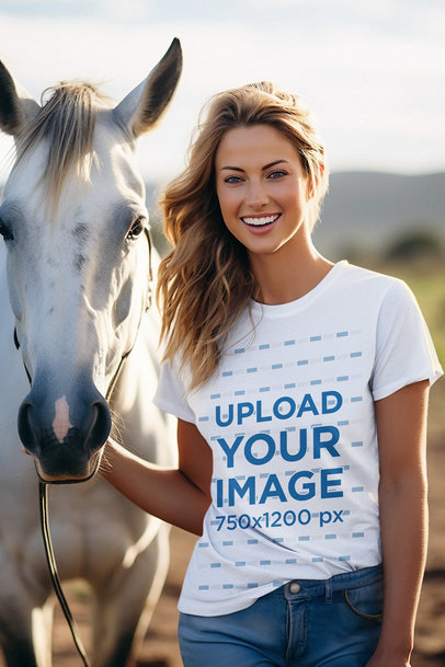 T-Shirt Mockup of an AI-Created Smiling Woman Posing With a Horse