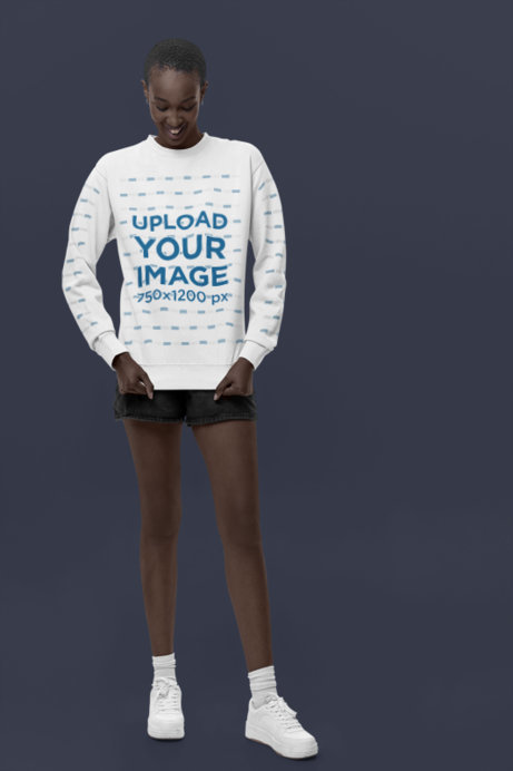 Cotton Heritage Sweatshirt Mockup of a Smiling Woman Standing Against a Colorful Backdrop