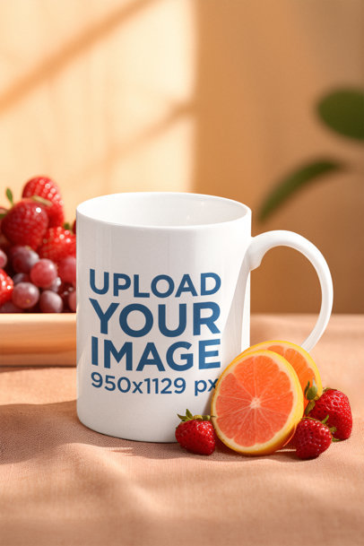 AI-Created Mockup of an 11 Oz Coffee Mug Surrounded by Strawberries and Pink Grapefruit Slices