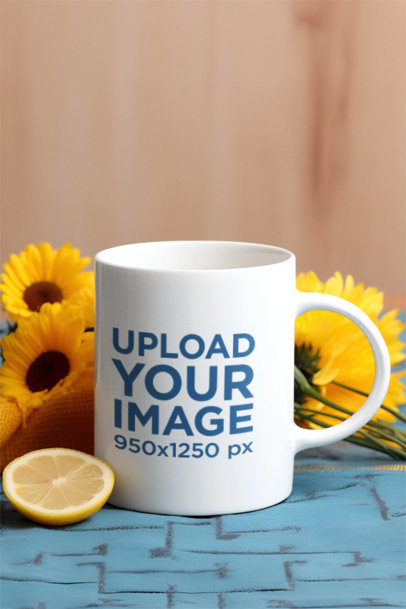 Mockup of an AI-Generated Coffee Mug Featuring Sunflowers in the Background