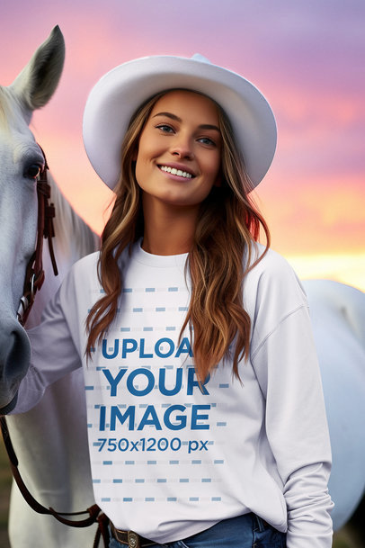 Western-Aesthetic T-Shirt Mockup Featuring a Cowgirl Standing Next to Her Horse
