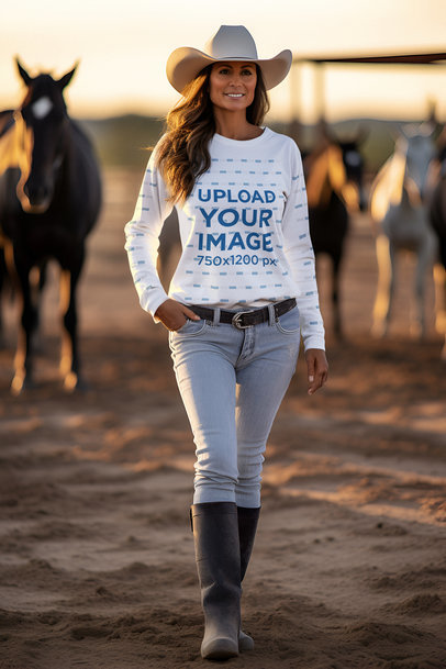 Western-Themed Crewneck Sweatshirt Mockup Featuring a Cowgirl at a Farm 