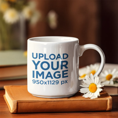 AI-Generated Mockup Featuring a Mug Placed Over a Book With Some Flowers
