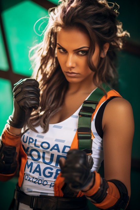 Gaming-Themed Mockup Featuring an AI-Generated Woman Inspired by Valorant Wearing a Tank Top