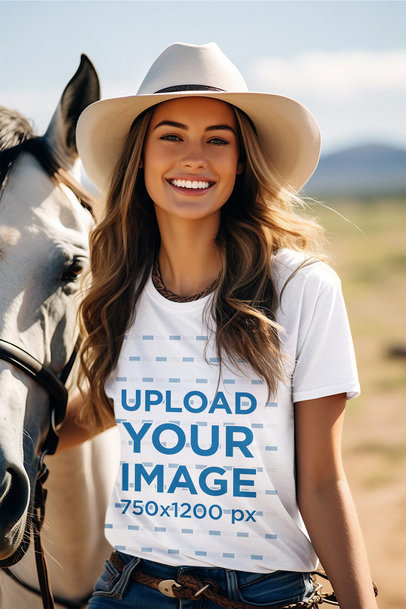 Round-Neck T-Shirt Mockup of a Cheerful AI-Created Woman in a Western-Themed Setting