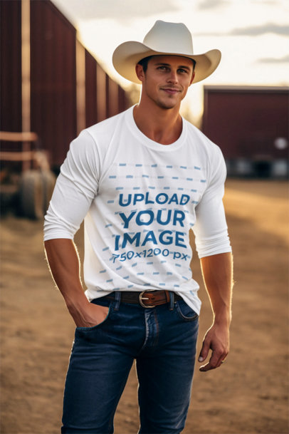Long-Sleeve Tee Mockup of a Smiling AI-Created Man Posing With a Cowboy Hat