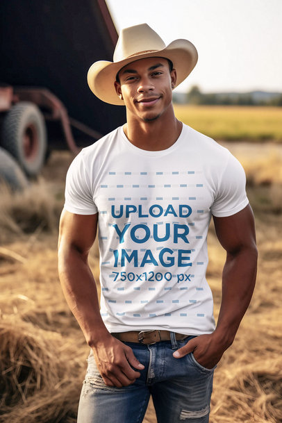 Round-Neck Tee Mockup of an AI-Generated Smiling Man in a Western Setting m36797