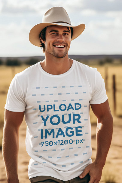 T-Shirt Mockup Featuring a Cheerful Man With a Cowboy Hat Posing in a Western Setting