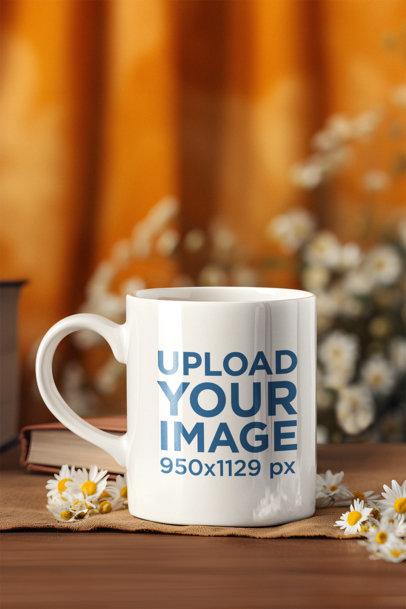 Mockup of an AI-Created 11 oz Coffee Mug Featuring Chamomile Flowers on a Table